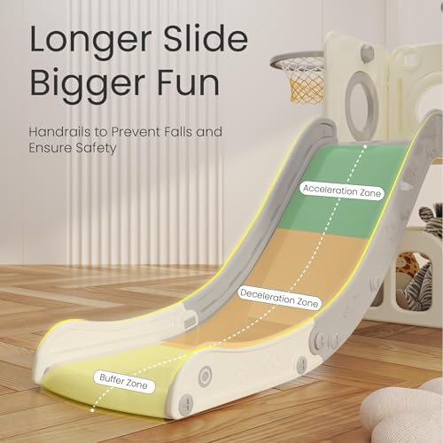 hoopyosms Kinder Rutsche mit Klettergerüst, Basketballkorb und Tunnel, Indoor-Kunststoffrutschenset für Kinder, Montessori-Spielzeug für den Spielplatz, Grau