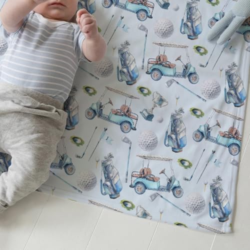 Image of Baby Boys Blankets Golf Gear Sport, Watercolor Blue Ball Glove Car Stick Soft Lightweight Nursery Receiving Swaddle, Flannel Newborn Infant Toddler Crib Bedding Kids Gift 30 x 40 in