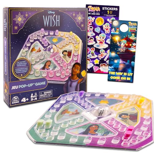 Disney Wish Pop-Up-Spiel, 3-teiliges Set mit Disney Prinzessinnen-Brettspiel für Kinder, mit Pop-Up-Würfeln, Bonusaufklebern und Türaufhänger (Wunsch-Partygeschenke)