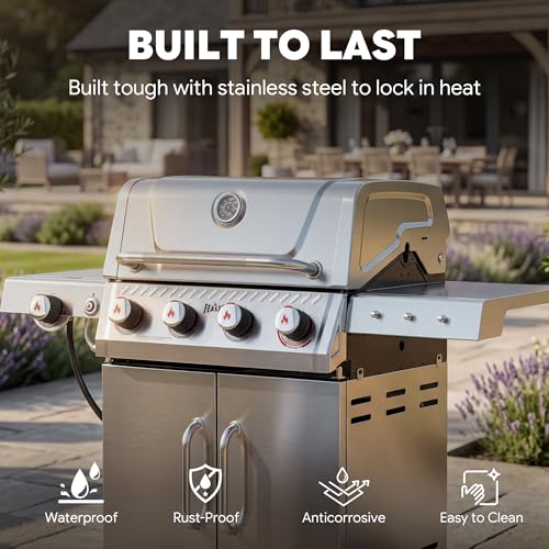 Image of Feasto 4-Burner Propane Gas Grill w /Sear & Side Burner, Cabinet Storage