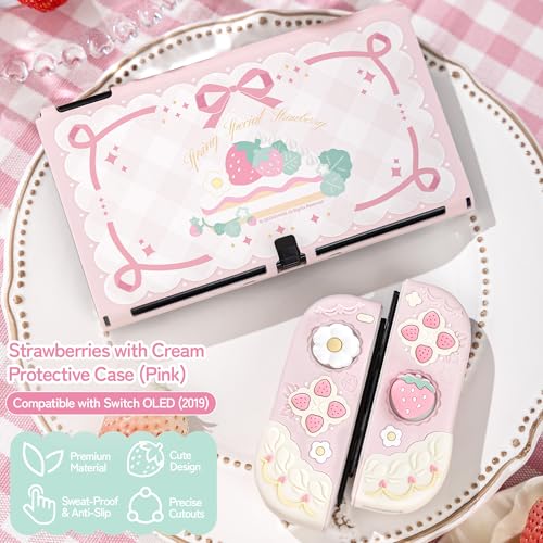 Image of GeekShare Protective Case for Switch OLED Slim Cover Case Compatible with Switch OLED Separable Soft Silicone Protective Shell for Game Console with 2 Thumb Grip Caps - Spring Strawberry (Pink)