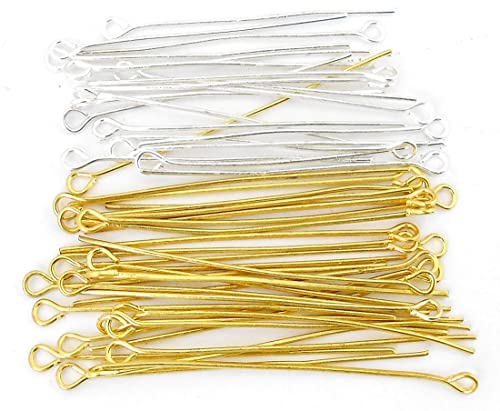 Image of Tia Crafts Eye Pins for Jewellery Making, Earrings & DIY Crafts | Metal Eye Pins with Loop for Beads & Charms | Pack of 300-150 Gold, 150 Silver (Gold & Silver Mix)