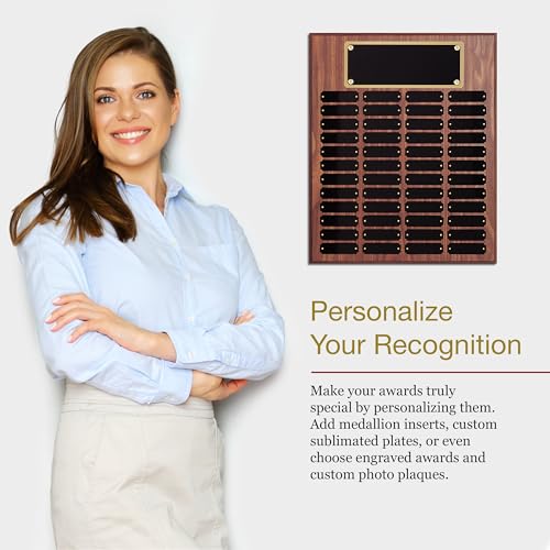 SHOP AWARDS AND GIFTS 16 x 20 Inch Perpetual Plaque Award Multiple Name Plate Board for Employee Appreciation, Recognition, Achievement, Walnut Finish with Black and Gold Header, 48 Name Plates