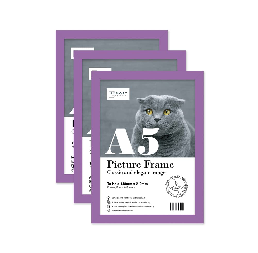 Almost Frameless A5 Purple Picture Frame Set of 3, Display A5 Picture Gallery Wall, Poster, Photo, Artwork, or Print, Purple