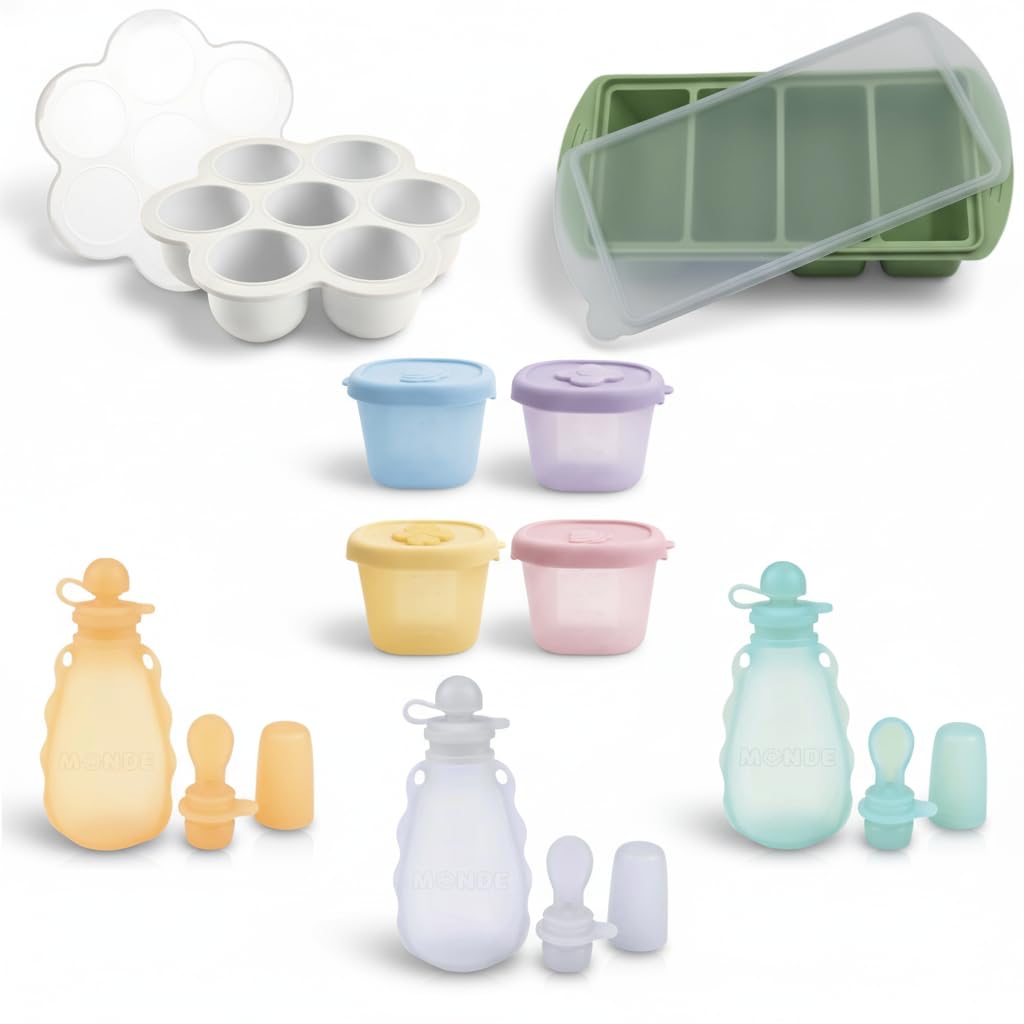 MONDE Baby Food Prep System- Silicone Freezer Tray, Toddler Soup Tray, Food Storage Cups w/Straw, Reusable Baby Food Squeeze Pouches- BPA Free, Food Grade Silicone, Eco-Friendly Food Storage Set