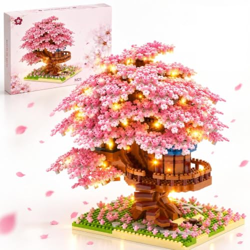 Cherry Blossom Bonsai Tree House Building Blocks Set with LED Lights, 2151+ PCS Japanese Sakura Mini Brick Model Kit for Ages 14+ | Kawaii Collectible