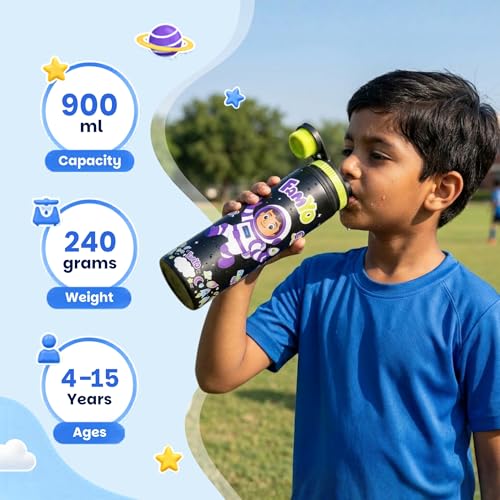 Image of Famyo Stainless Steel Kids Water Bottle 900ml, Leo Astronaut Design | Leakproof Sipper with Carry Loop, BPA Free, Personalizable Name Space, School, Outdoor & Travel, Girls & Boys Ages 4-15
