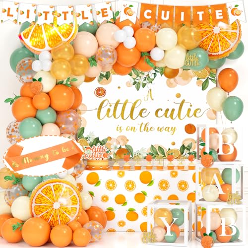 Fiesec Little Cutie Baby Shower Decorations Orange Baby Shower Supplies Kit with A Little Cutie Is on the Way Banner Cake Topper Balloons & Backdrop for Baby Girl Fruit Party