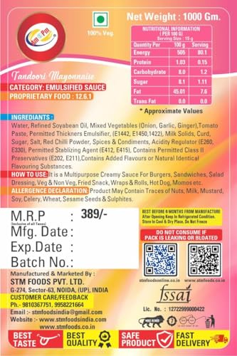 Image of Am 2 Pm - Tandoori Mayonnaise 1kg Multipurpose Creamy Sauce For Burgers, Sandwiches Salad Dressing, Fresh Veg Non Veg Fried Snack Wraps & Rolls Hot Dog Momos