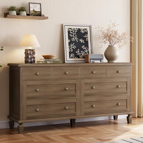 Garvee 8 Drawer Dresser for Bedroom, Vintage 59" Long Dresser TV Stand with Carved Handles and Tapered Legs, Wood Chests of Drawers with Large Capacity, Light Brown - image 1