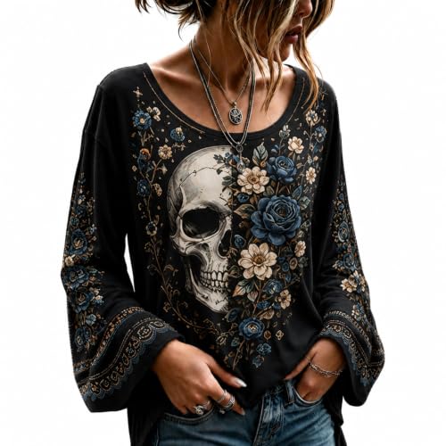 Halloween Sweatshirt for Women Skull Graphic Bell Sleeve Fashion Tops - image 1