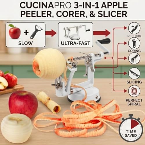 Image of Apple Peeler and Corer by Cucina Pro - Long Lasting Chrome Cast Iron with Countertop Suction Cup, White | Countertop Hand Crank for Fruits, Potatoes or Veggies, Picking Season- Pie, Treat Dessert Baking, Must Have Fall Kitchen Tool