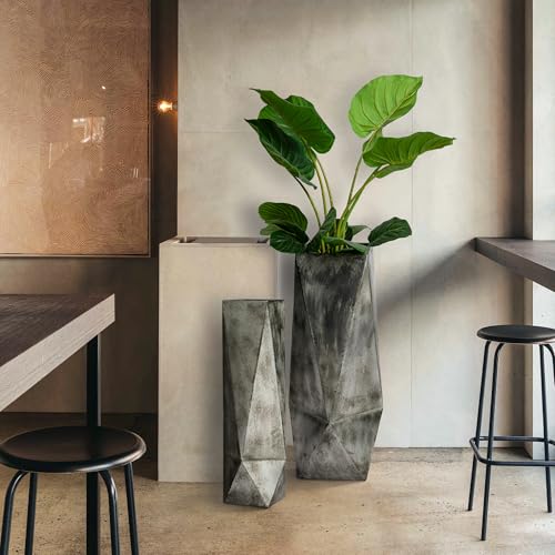 Floor Vase for Decor Set of 2 Large Metal Geometric Antique Silver Floor Vases for Dried Artificial Flower Retro Industrial Style Metal Vase Planter for Kitchen, Living Room,Porch, Stairway