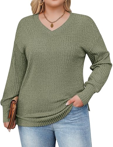 IN'VOLAND Women's Plus Size Long Sleeve Sweaters V Neck Casual Tunic Lightweight Loose Tops 2024 Fall Shirts Army Green