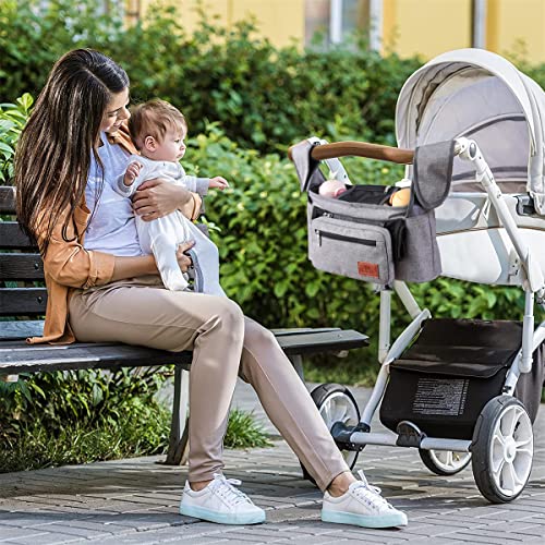 Goldmiky Kinderwagen Organizer, Buggy Kinderwagentasche, Universelle Kinderwagen-Aufbewahrungstasche mit 2 isolierten Getränkehaltern und Schultergurt, Großer Stauraum Buggy Organizer (Dunkelgrau)