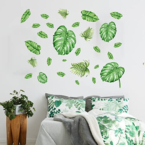 AnFigure Calcomanías de pared de hojas tropicales, pegatinas de pared de plantas verdes de hojas de palmera para sala de estar, dormitorio, sofá, TV, fondo, decoración de pared de hojas