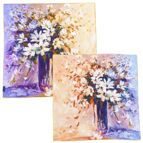 PoeticEHome Double-Sided Luxury Silk Scarf - Breathable 3D Jacquard, Floral Grosgrain Print, Hand-rolled Edge, Gift Packed