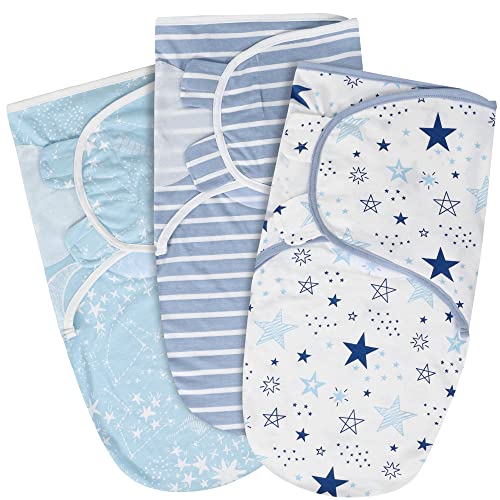 Image of TILLYOU Baby Swaddle Blankets for Boy Girl 3-Pack, 3-6 Months Small - Adjustable Soft Jersey Cotton Swaddle Sack for Infant Newborn - Easy to Wrap and Washable - Blue Moons and Stars