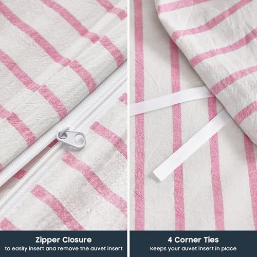 Image of Wake In Cloud - Striped Cotton Duvet Cover Set, Ticking Stripe Vertical Pinstripe Farmhouse, 100% Washed Cotton Textured Bedding Set, 3 Pieces, Pink White, Full Size
