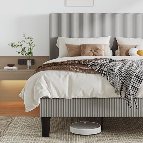Image of Allewie King Bed Frame, Corduroy Tufted Headboard, Light Grey