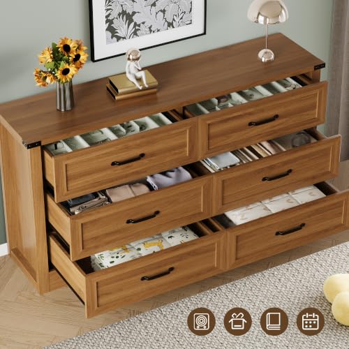 Image of BORNOON 6-Drawer Dresser for Bedroom, Modern Wooden Chest of Drawers with Metal Handles, Anti-Tipping Design, Sturdy and Stable Storage Organizer for Living Room, Entryway, Home Office