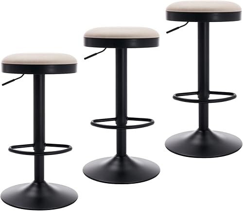 Miniatura 16 de CIMOTA Juego de 1 taburetes de bar redondos giratorios con espalda descubierta ajustable, taburete de bar moderno industrial de piel sintética para