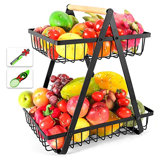 2 Tier Fruit Basket Fruit Bowl Stand for Counter with Avocado Knife and Fruit Peeler Detachable Bread Baskets Holder Fruit Tray for Counter Vegetable Snack Storage Kitchen Organizer Black