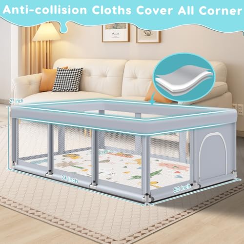 Image of Fshibila 74 inch x50 inch Large Baby Playpen, Baby Playard for Babies and Toddlers, Play Pens for Indoor & Outdoor, Sturdy Safety Play Yard with Soft Breathable Mesh, Anti-Fall, Grey (with MAT)