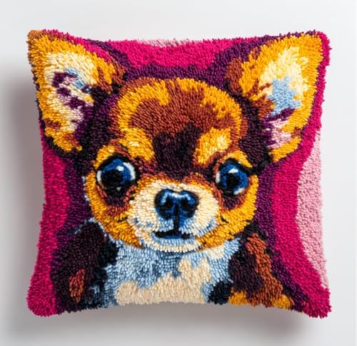 Kit de crochet à loquet Chihuahua 43x43cm avec canevas pré-imprimé pour coussin brodé