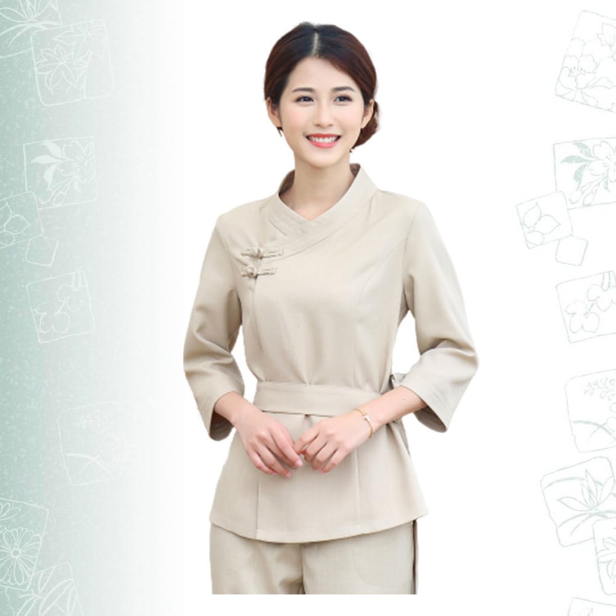 ULTECHNOVO Tuta da Lavoro Beige per Tecnico di Bellezza in Poliestere e Spandex Cintura Regolabile, Pieghevole, Adatta per Spa e Saloni Professionali