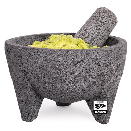 Molcajete 8 in Mexican, Handmade with Natural Volcanic Stone, Artisanal Kitchen Utensil for Grinding with Pores for Crushing, Specially Designed for Grinding Spices, Sauces, and Guacamole
