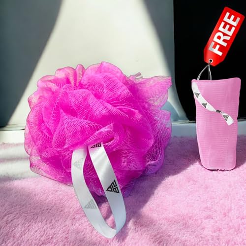 Image of QBZ Large Bath Loofah Sponge Scrubber Exfoliator for High Lather Cleansing (PINK, 1 Count (Loofah Pauch& Loofah))