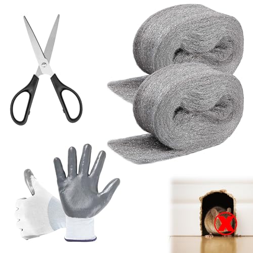 Klfte Steel Wool for Mice Control 3.2 x12 ft Wool Gap Filler for Home & Garage DIY Bundle with Gloves & Scissors - 2 Pack