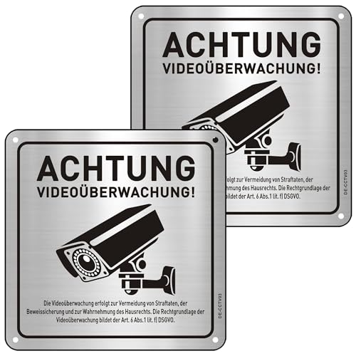 Achtung Videoüberwachung Schild mit DSGVO Hinweis 15×15cm Videoüberwachung Schild Aluminium mit Selbstklebend 2St