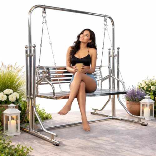 Image of Heavy Duty Stainless Steel Seater Swing with Stand for Adults | Outdoor Garden Swing Chair for Balcony, Patio, Terrace & Lawn | Weather-Resistant Metal Swing | Made in India