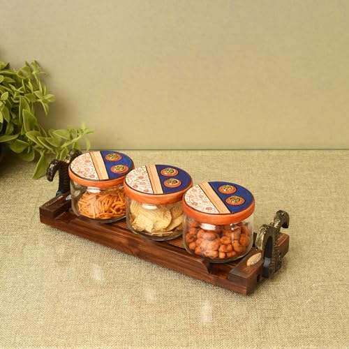 Image of AAKRITI ART CREATIONS Flavors Of Home Kit S03 Jars W /Tray | Handcrafted Dhokra Warli Art Fusion Art | Kitchen Decoration Items Stylish Tray & Jars | Airtight Kitchen Jars with Wooden