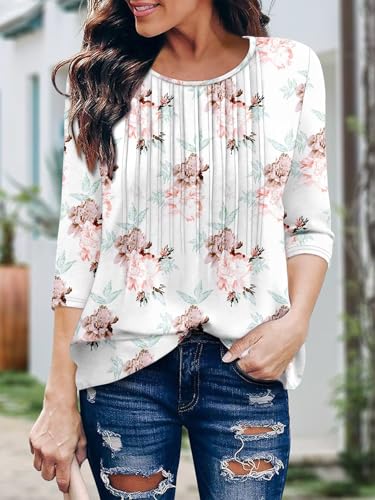KISSMODA Tunic Tops for Women Loose Fit Dressy Round Neck Pleated 3/4 Length Sleeve Spring Tops