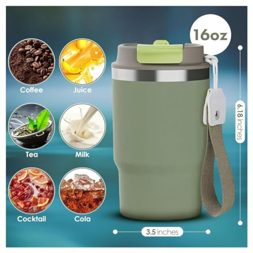 Image of Wosta Classic Tumbler 3.0-16oz /480Ml, Travel Mug with 2-in-1 Straw Lid, Vacuum Insulated Stainless Steel Insulated Mug, Double Walled, Thermos Travel Mug for Hot and Cold Coffee. (Green)