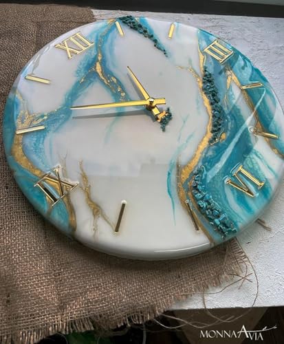 Image of Handmade Resin Wall Clock with Roman Numerals - Luxury Marble Effect Designer Wall Clock with Gold Finish, Silent Quartz Movement, Modern Home & Office Decor (Sky Blue White)