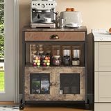 X-cosrack Coffee Bar Cabinet，3 Tiers Kitchen Coffee Cart with Drawer for The Home, Movable Farmhouse Ktichen Station Table on Wheels for Living Room, Entryway, Dining Room, Kitchen