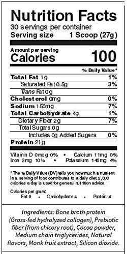 Keto Bone Broth Protein Powder Chocolate - Protein 21g, 2g Net Carbs - Grass Fed Hydrolyzed Collagen - Sugar Free, Gluten Free, Dairy Free, Soy Free, Paleo, Keto Collagen Protein Shakes (30 Servings)