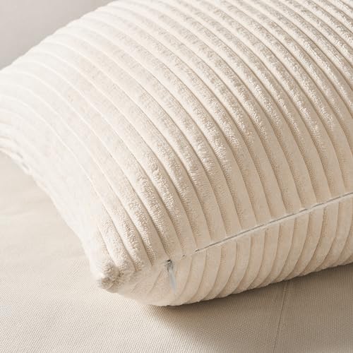 Image of Topfinel 4 Packs Neutral Decorative Throw Pillows Covers 26x26 Inch for Living Room Couch Bed Sofa, Rustic Farmhouse Boho Neutral Home Decor, Soft Plush Striped Corduroy Square Cushion Case 65x65 cm
