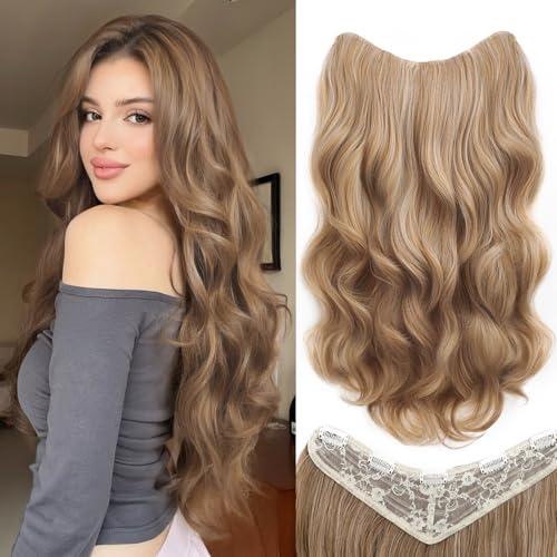 XIXISNOW Clip In Hair Extensions One Piece 24 Inch Long Curly Synthetic Wavy Hair Extensions Clips Ins Natural Fluffy Clip On Extension Hair Pieces Hair Extension Clips for Women Brown Mix Blonde