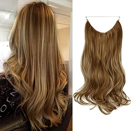 Curly Long Hair Extensions Synthetic Hairpiece Hidden Wire Headband for Women Wavy Thick Hairpiece Heat Resistant Fiber No Clip 20 Inch 4.4 Oz (Ginger Brown Mix Bleach Blonde)