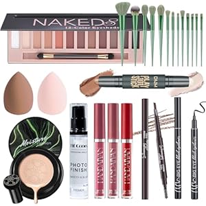 All in One Makeup Set Kit for Women Full Kit, Makeup Gift for Girl Women Teen, Naked Matte Eyeshadow CC Cream Foundation Face Primer Brush Set Sponges, Lip Glosses Counter Stick Eyeliner