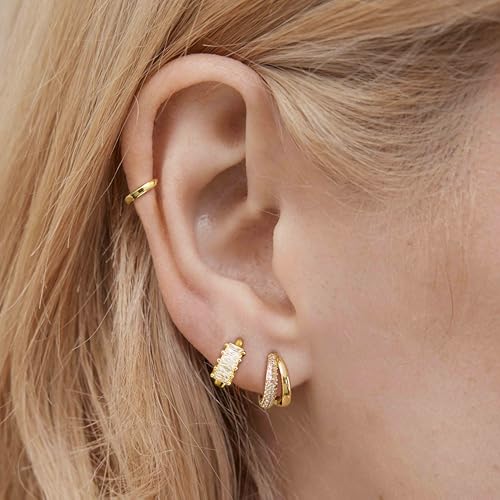 Image of 4Pairs Statement Gold Hoop Earrings for Women Trendy,Surgical Steel Gold Plated Hoop Hypoallergenic Earrings Set,Titanium Hoops Earring Stacks,CZ Cartilage Huggie Hoops Earring Gifts for Girlfriend