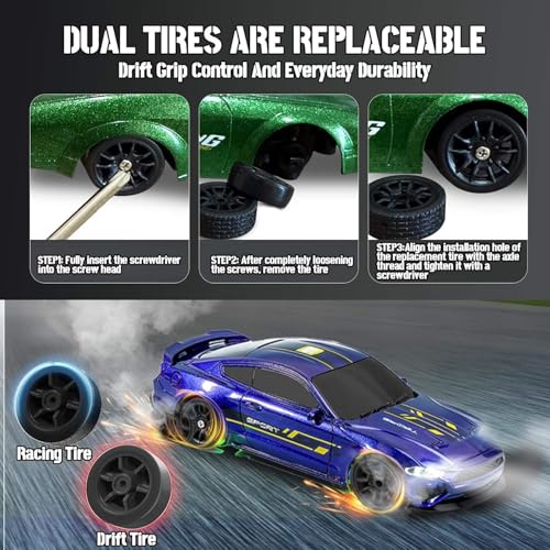 Image of Bestie toys Mini RC Drift Car with Gyro, 1 /43 Scale Remote Control Car High Speed Racing Micro Small with Full Proportional RTR 2.4GHz Remote 2 Tire Sets 8 Cones (Foord Mustanng Six Gen)