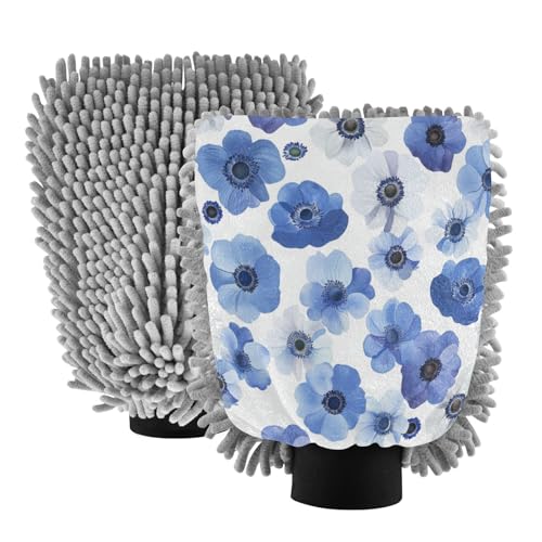 ALAZA Anemone Flowers Floral Car Wash Mitt Scratch Free, 2 Pack Absorbent Microfiber/Chenille Washing & Drying Mitts, M