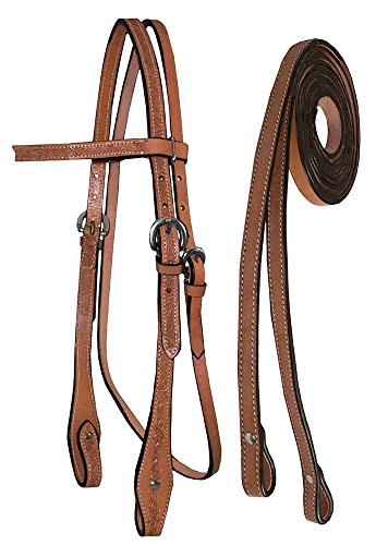 Tahoe Tack Barbwire Leather Western Hand Tooled Browband Headstall with Matching Split Reins