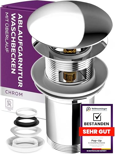 Waschbecken Ablaufgarnitur mit Überlauf für Waschtisch - Edelstahl Pop Up Ventil Waschbecken - Chrom Abfluss Waschbecken mit 4 Ersatzdichtungen aus Messing M. ROSENFELD HOME Waschbecken Ablaufgarnitur mit Überlauf für Waschtisch - Edelstahl Pop Up Ventil Waschbecken - Chrom Abfluss Waschbecken mit 4 Ersatzdichtungen aus Messing M. ROSENFELD HOME